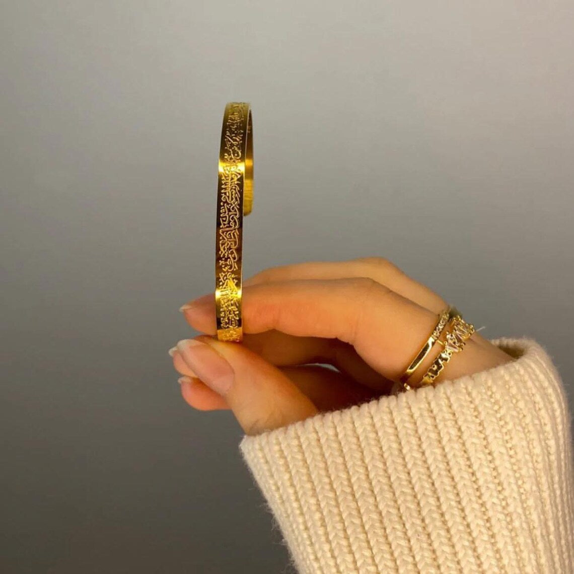 Pack of 2 Ayat-Ul-Kursi Cuff Bracelet and Bar Necklace For Men & Women (Gold Plated)